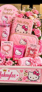 Personalized Hello Kitty Birthday Gift Crate for Girls | Custom Wooden Keepsake Gift Basket