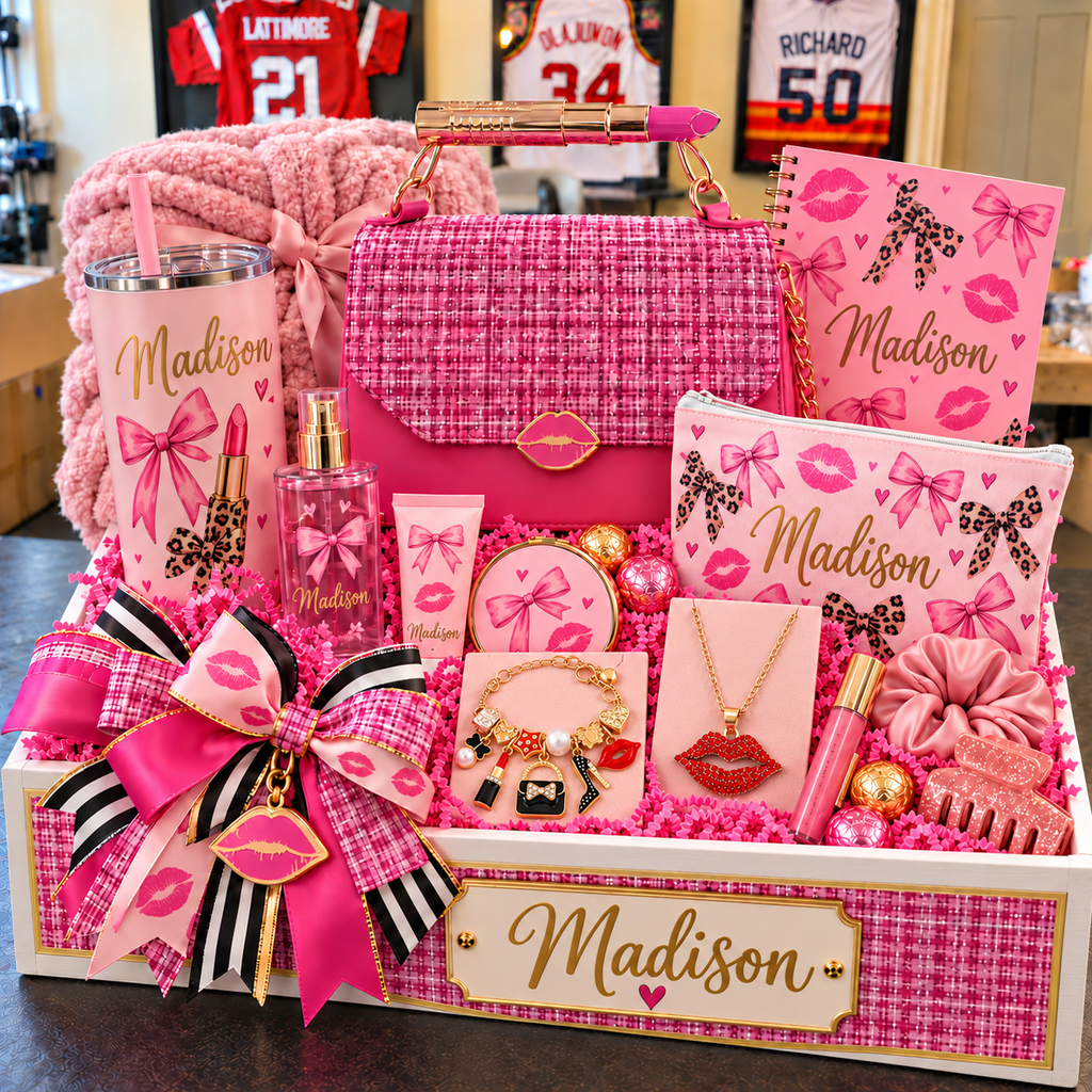 Personalized Pink Glam Gift Crate Basket| Custom Girls, Tween & Teen Birthday Gift with Purse, Jewelry & Beauty