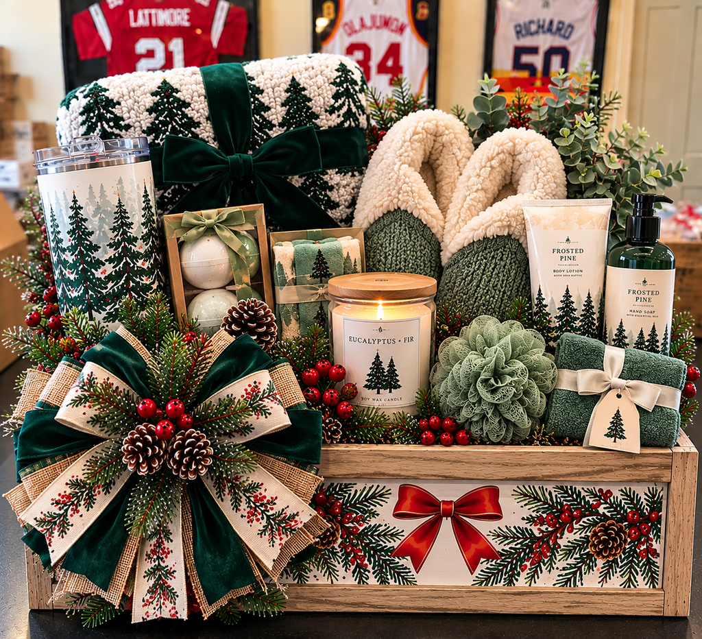 Luxury Christmas Spa Gift Crate | Frosted Pine Holiday Self-Care & Cozy Comfort Gift
