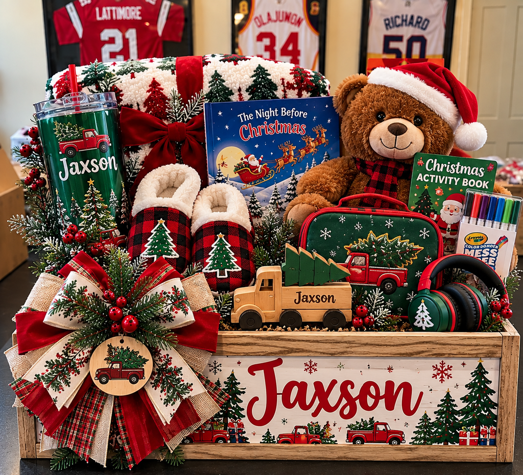 Personalized Christmas Gift Crate for Kids | Custom Name Wooden Keepsake Box with LEGO, Teddy Bear & Holiday Gifts