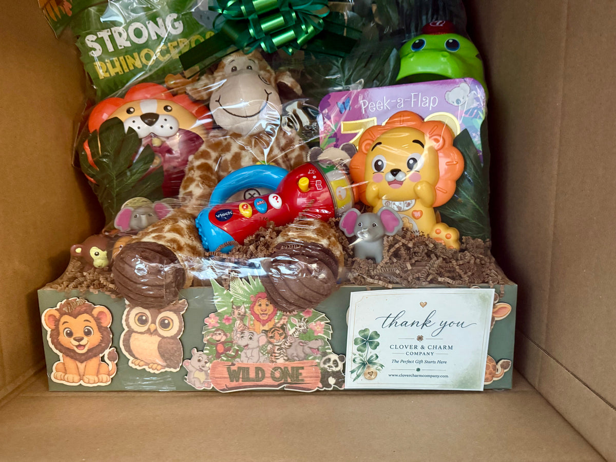 Jungle Adventure 1st Birthday Gift Basket - Wild One baby Gift