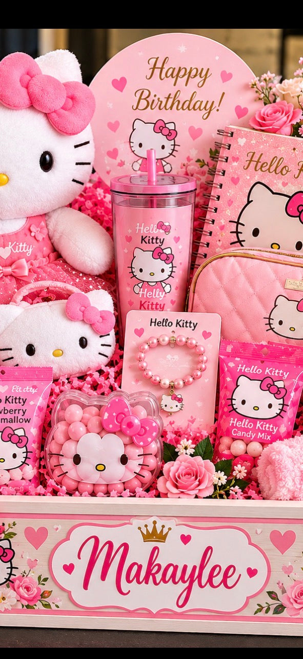 Personalized Hello Kitty Birthday Gift Crate for Girls | Custom Wooden Keepsake Gift Basket
