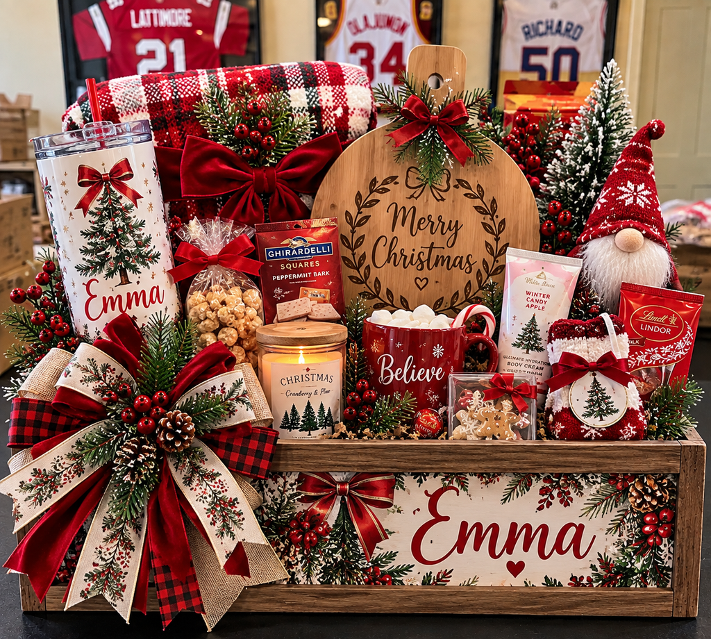 Personalized Luxury Christmas Gift Crate for Her | Custom Wooden Keepsake Box, Cozy Blanket & Holiday Treats