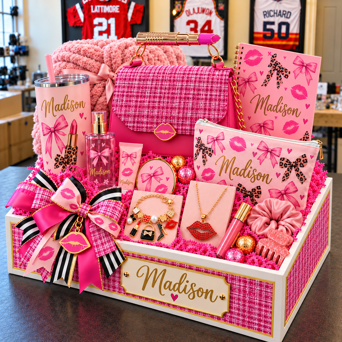 Personalized Pink Glam Gift Crate Basket| Custom Girls, Tween & Teen Birthday Gift with Purse, Jewelry & Beauty