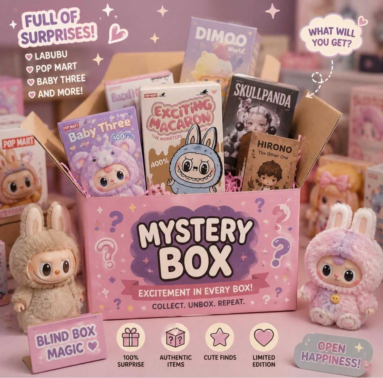 Premium Pop Mart Mystery Box | Authentic Collectible Surprise Box | Labubu, Dimoo, Hirono & More
