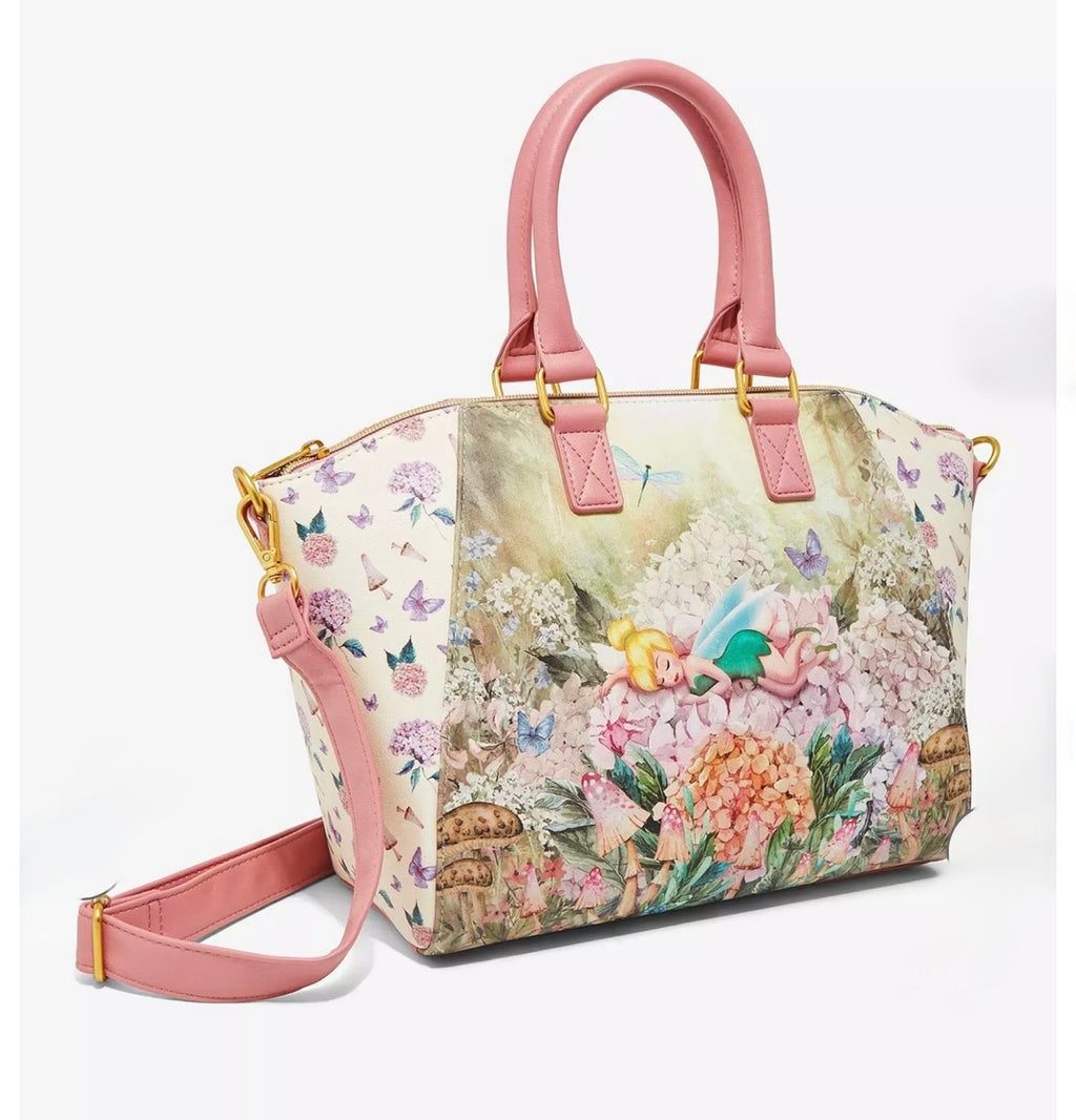 Disney Tinker Bell Enchanted Garden Satchel Crossbody Handbag | Floral Fairy Purse